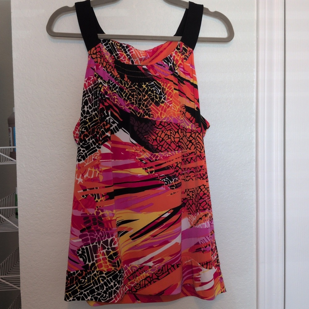 AB Studio Tank Top Women XL Orange Black Pink Abstract Print Sleeveless Scoop